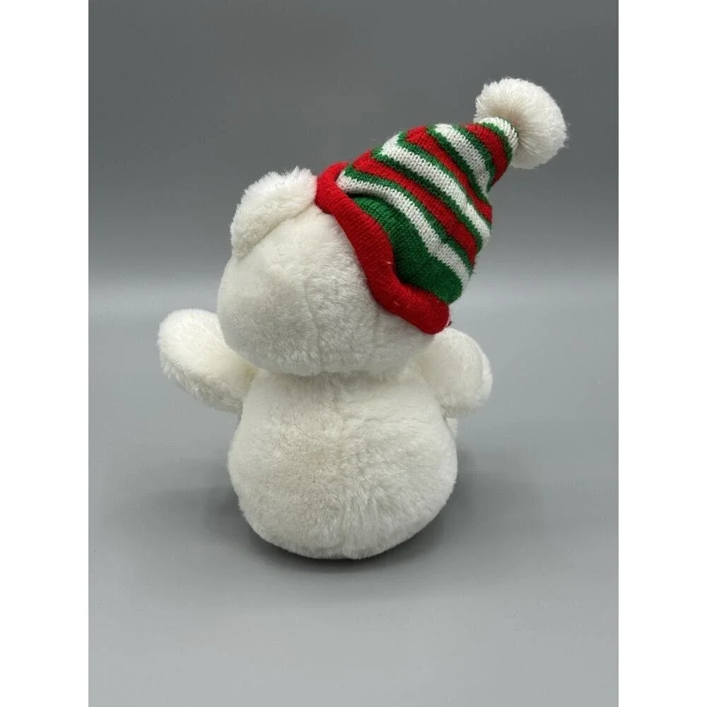 Vintage White Teddy Bear Plush In Knitted Christmas Hat 9